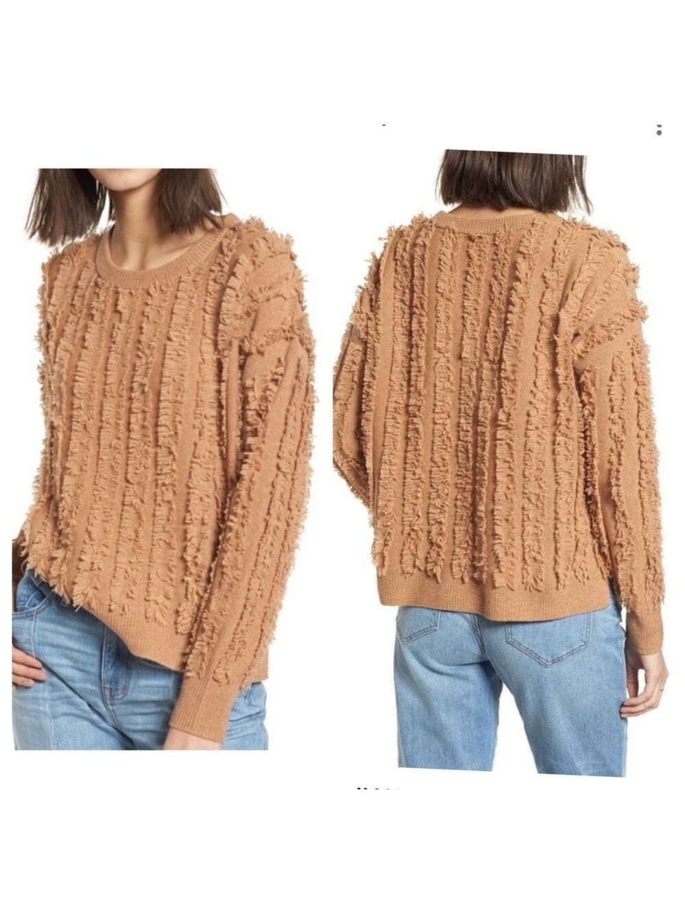 MADEWELL Fringe Stripe Pullover Sweater Merino Wool Caramel Camel Tan Sz Medium